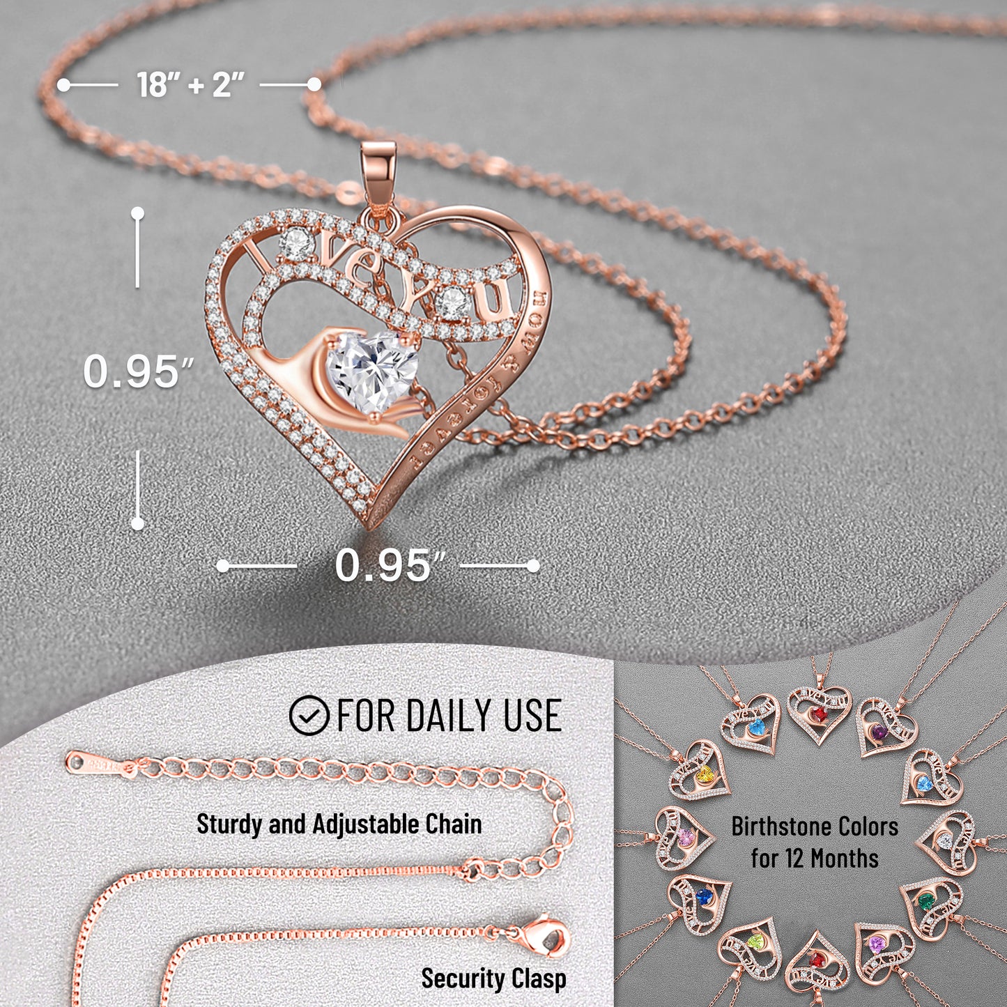 Leafael Gift Necklaces for Women, Heart in Hand I Love You Birthstone Crystal, Birthday Anniversary Jewelry for Wife Girlfriend Mom, Rose Gold and Gun Metal Plated , 18" + 2" Chain