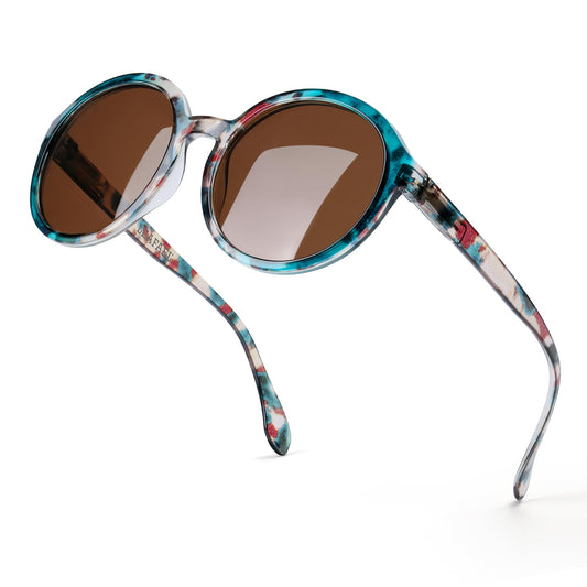 Polarized Round Sunglasses for Women – Multicolor Floral Marble Teal Frame, UV400 Protection, Retro Vintage Designer Style