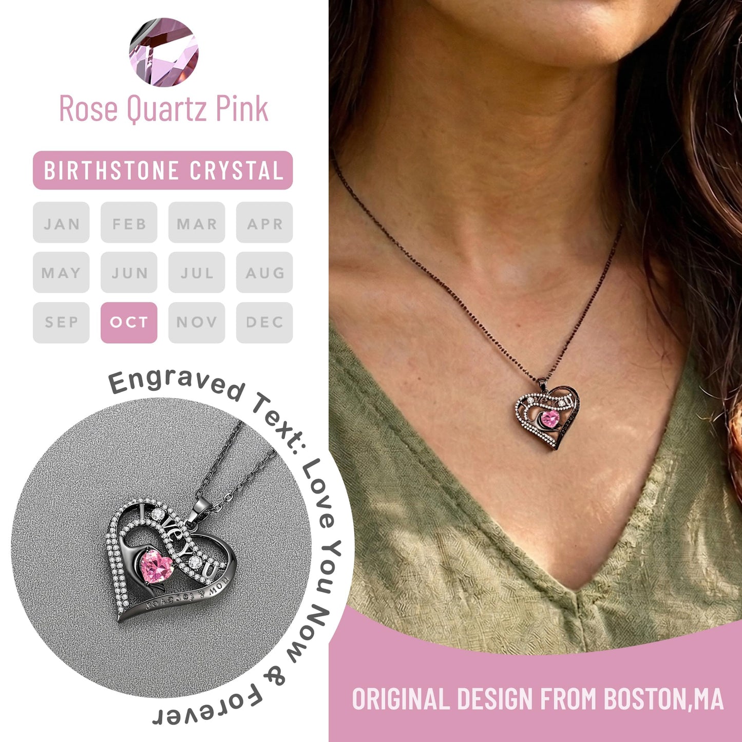 Leafael Gift Necklaces for Women, Heart in Hand I Love You Birthstone Crystal, Birthday Anniversary Jewelry for Wife Girlfriend Mom, Rose Gold and Gun Metal Plated , 18" + 2" Chain