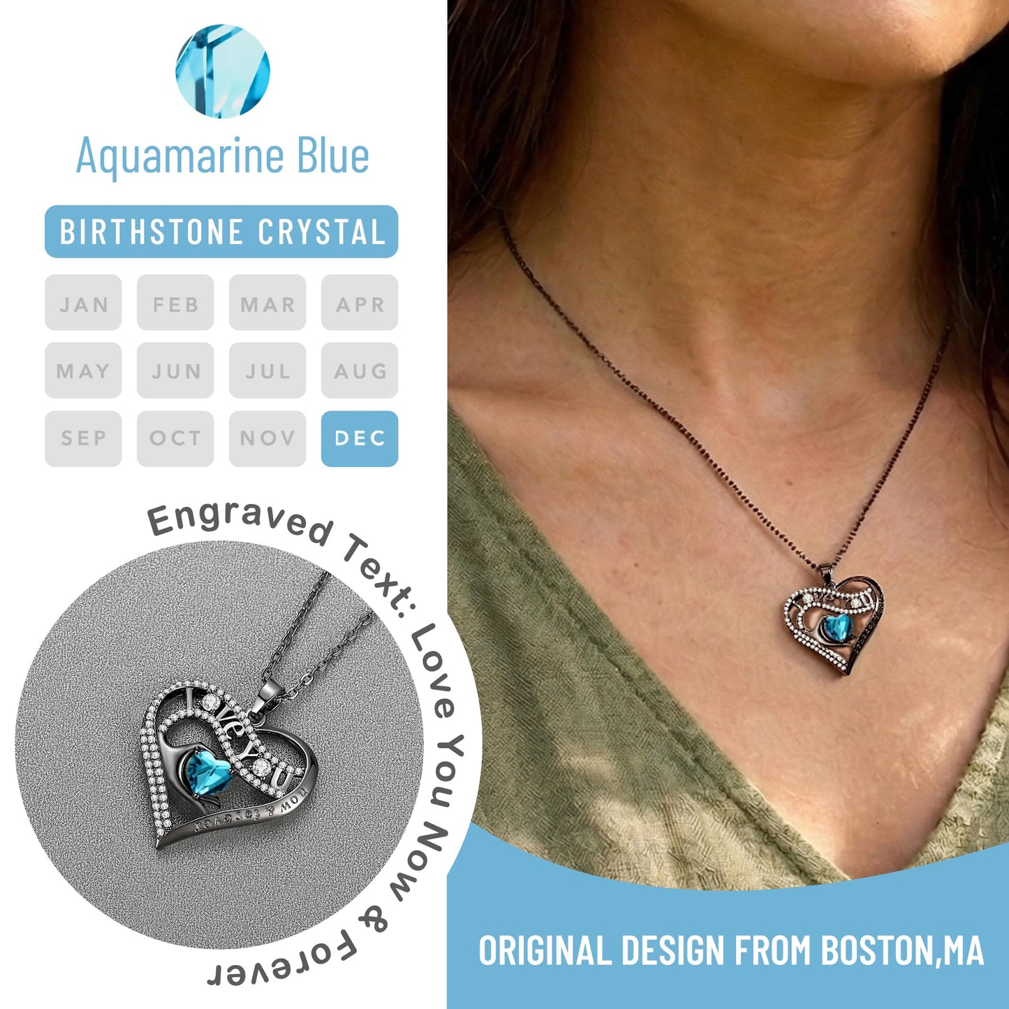 Leafael Gift Necklaces for Women, Heart in Hand I Love You Birthstone Crystal, Birthday Anniversary Jewelry for Wife Girlfriend Mom, Rose Gold and Gun Metal Plated , 18" + 2" Chain