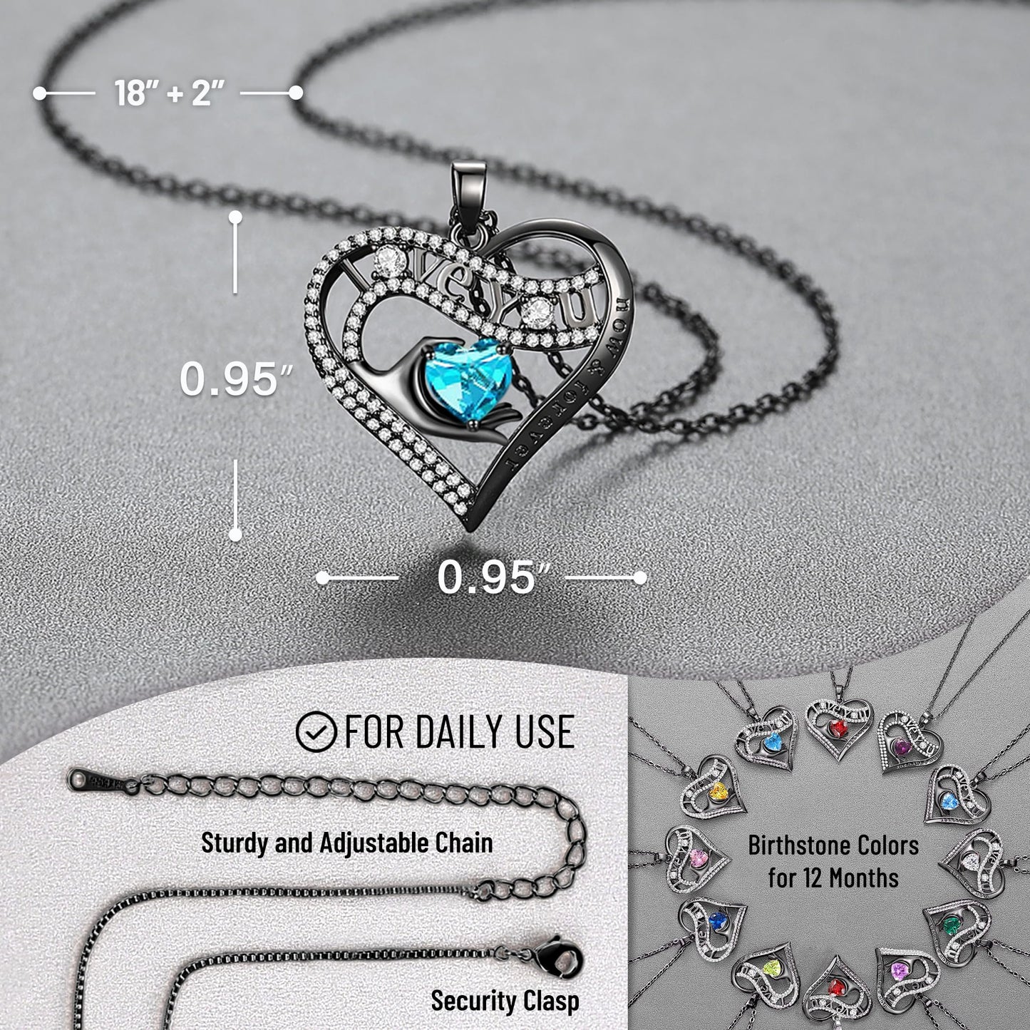 Leafael Gift Necklaces for Women, Heart in Hand I Love You Birthstone Crystal, Birthday Anniversary Jewelry for Wife Girlfriend Mom, Rose Gold and Gun Metal Plated , 18" + 2" Chain