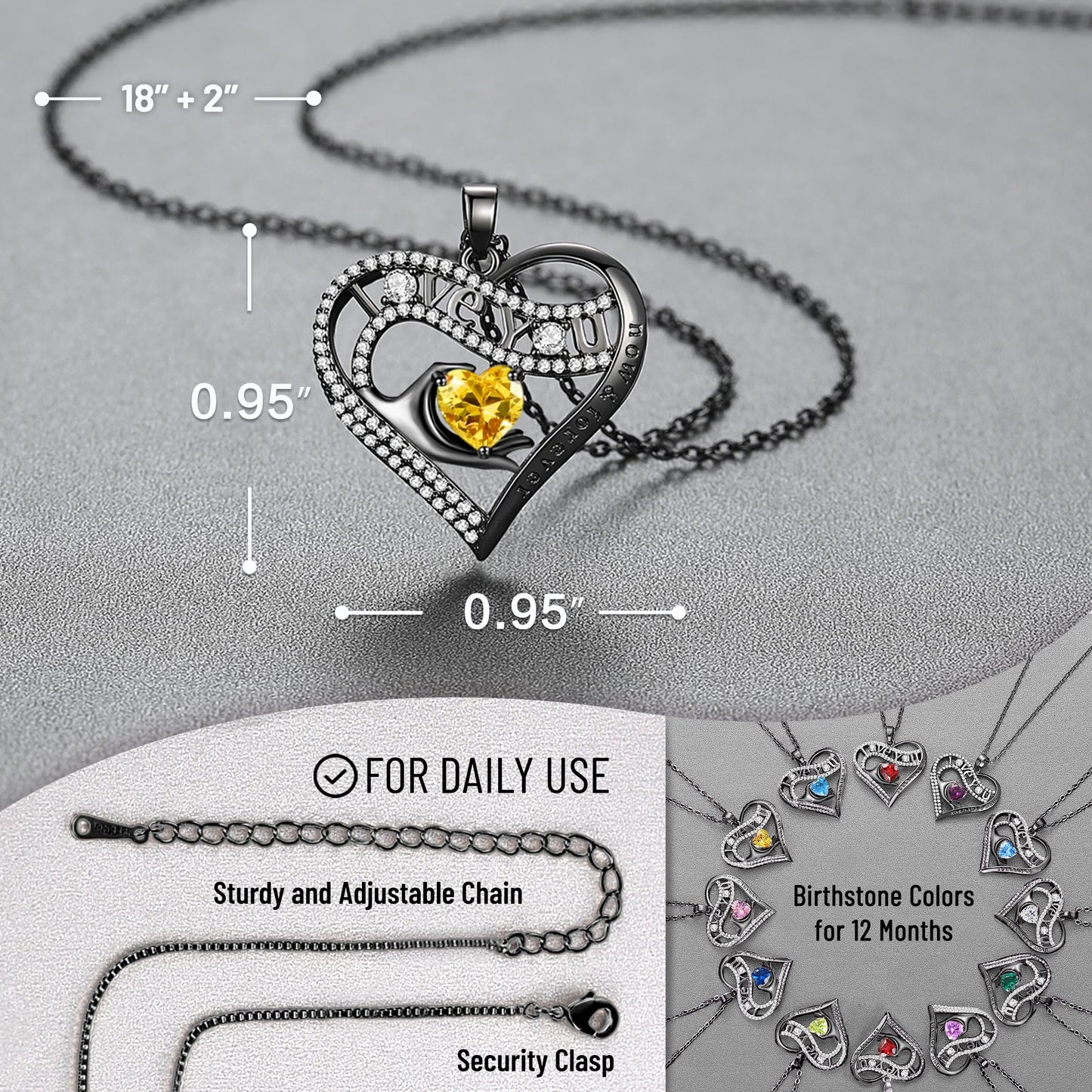 Leafael Gift Necklaces for Women, Heart in Hand I Love You Birthstone Crystal, Birthday Anniversary Jewelry for Wife Girlfriend Mom, Rose Gold and Gun Metal Plated , 18" + 2" Chain