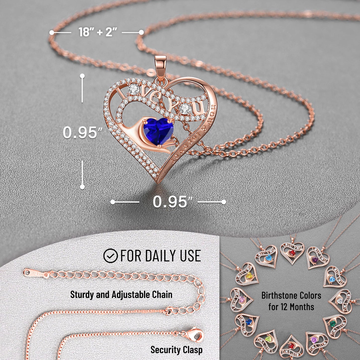 Leafael Gift Necklaces for Women, Heart in Hand I Love You Birthstone Crystal, Birthday Anniversary Jewelry for Wife Girlfriend Mom, Rose Gold and Gun Metal Plated , 18" + 2" Chain