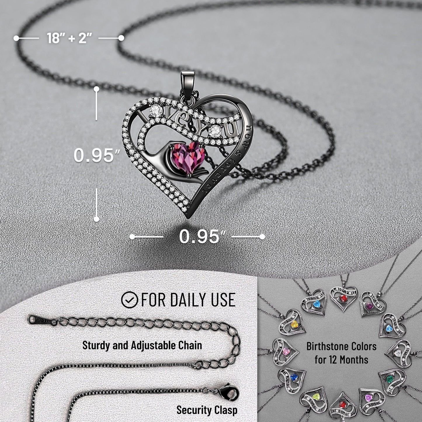 Leafael Gift Necklaces for Women, Heart in Hand I Love You Birthstone Crystal, Birthday Anniversary Jewelry for Wife Girlfriend Mom, Rose Gold and Gun Metal Plated , 18" + 2" Chain
