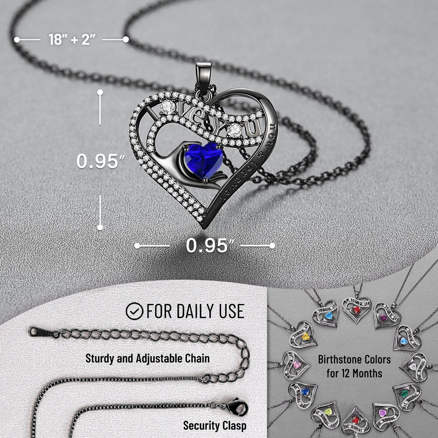 Leafael Gift Necklaces for Women, Heart in Hand I Love You Birthstone Crystal, Birthday Anniversary Jewelry for Wife Girlfriend Mom, Rose Gold and Gun Metal Plated , 18" + 2" Chain