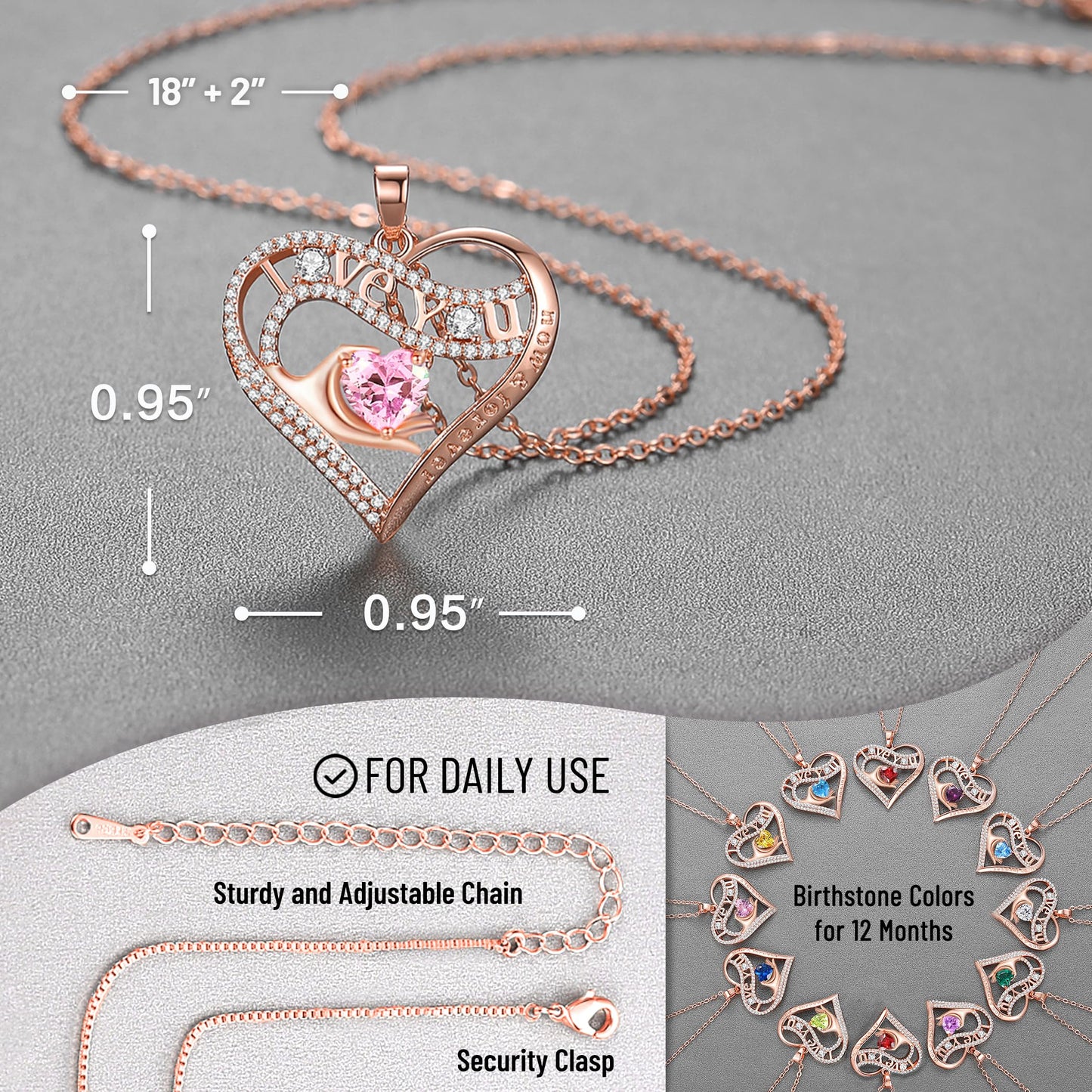 Leafael Gift Necklaces for Women, Heart in Hand I Love You Birthstone Crystal, Birthday Anniversary Jewelry for Wife Girlfriend Mom, Rose Gold and Gun Metal Plated , 18" + 2" Chain