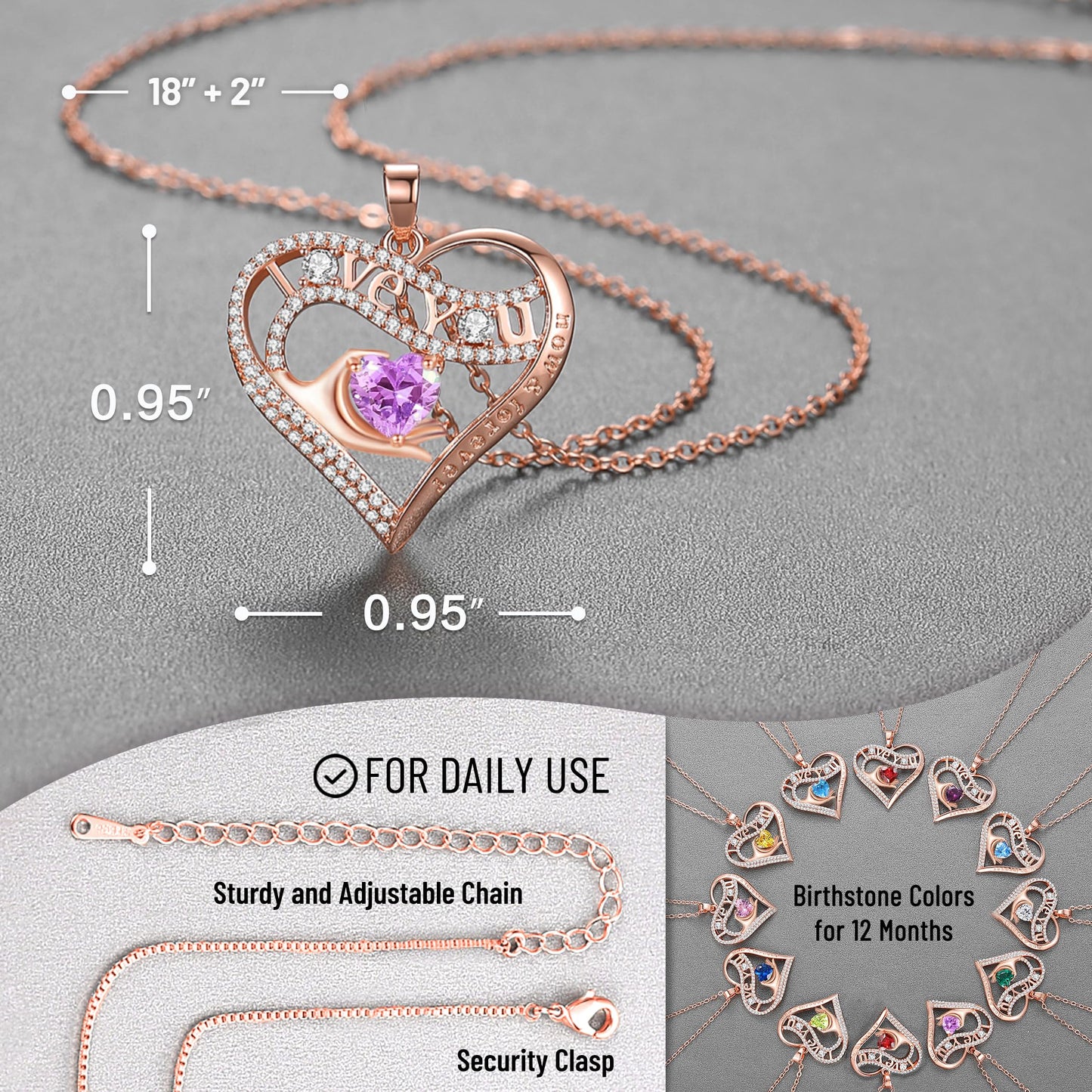 Leafael Gift Necklaces for Women, Heart in Hand I Love You Birthstone Crystal, Birthday Anniversary Jewelry for Wife Girlfriend Mom, Rose Gold and Gun Metal Plated , 18" + 2" Chain