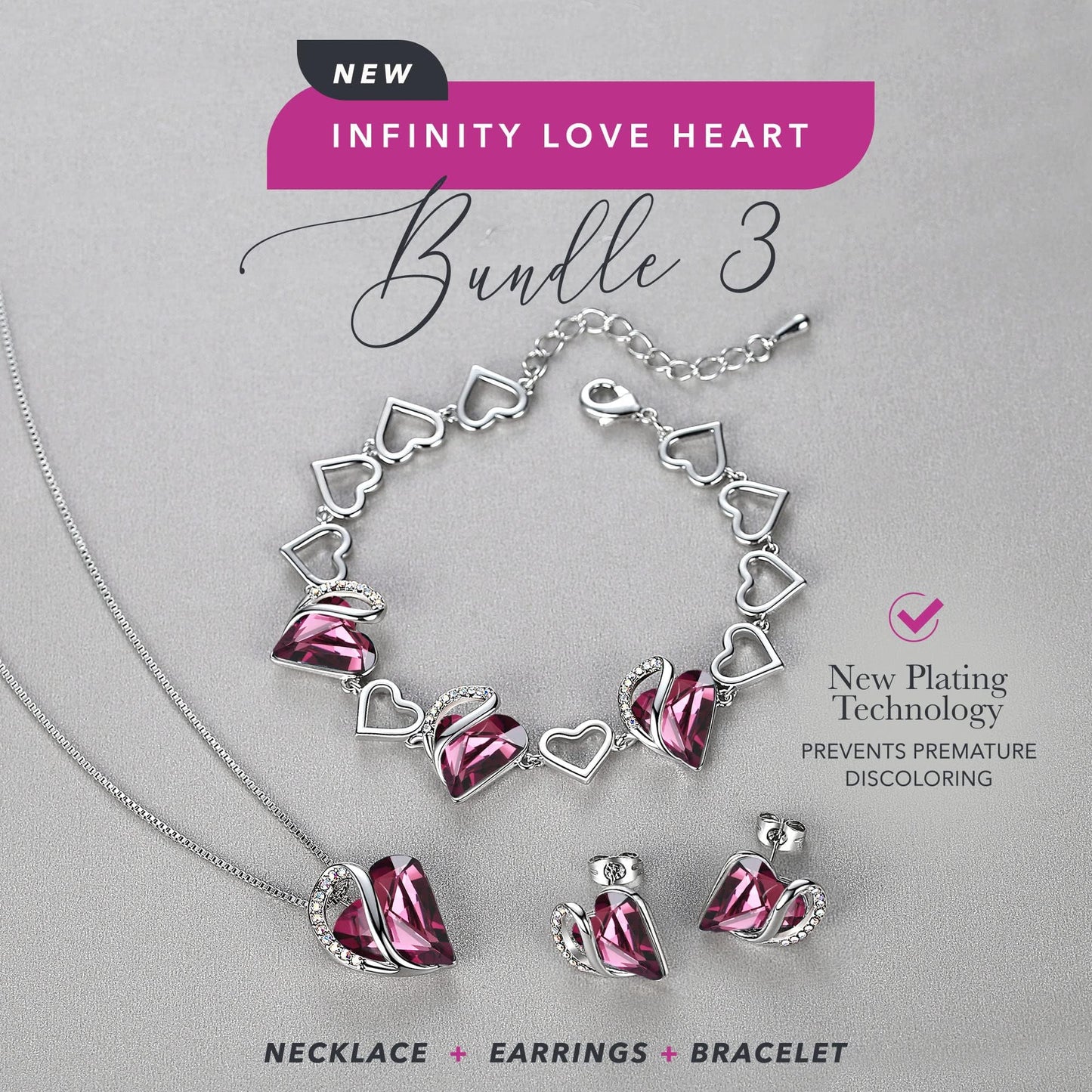 Leafael Necklace Gift Set for Women, Infinity Love Birthstone Heart Pendant with Matching Earrings and Bracelet, for Mom and Wife, Silver Plated