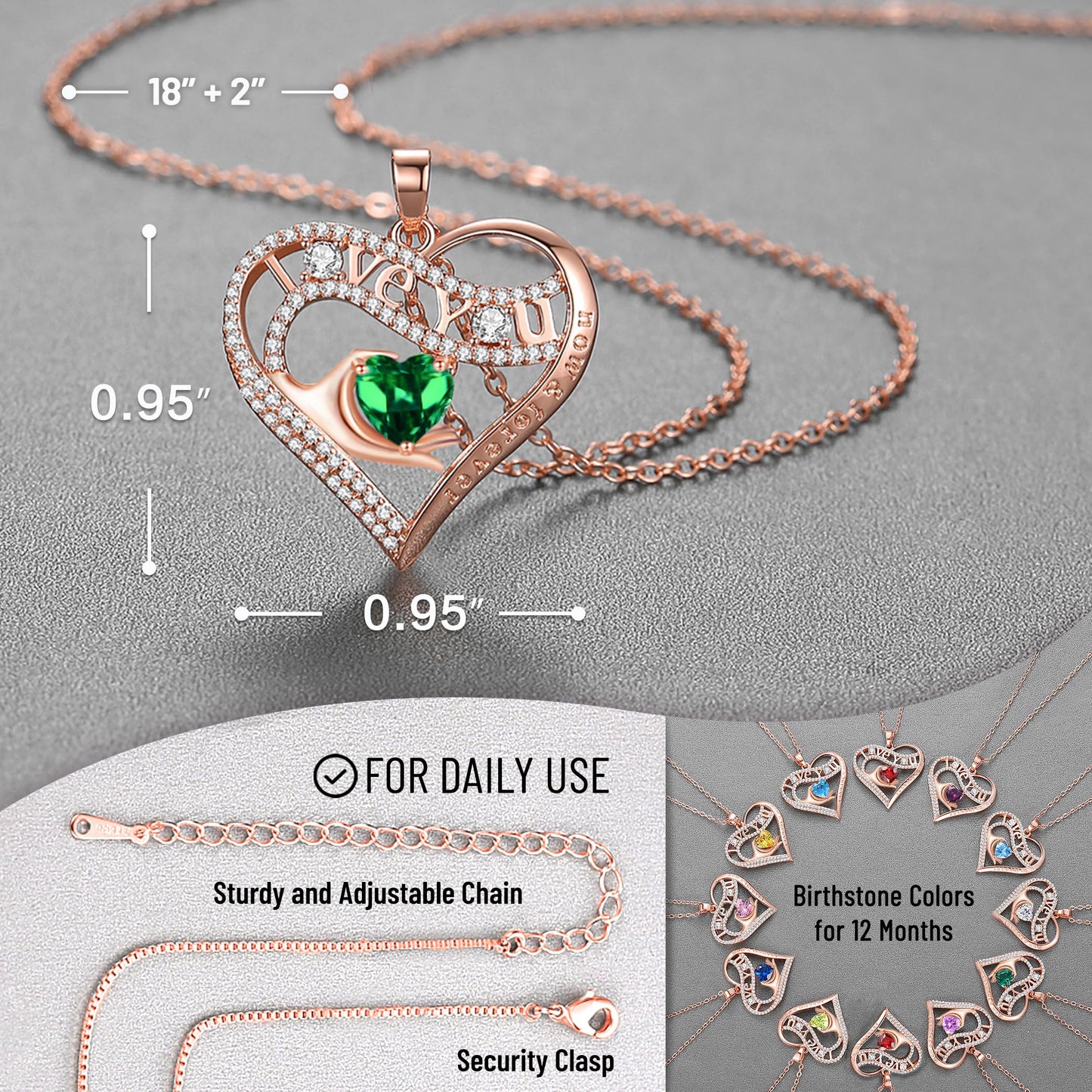 Leafael Gift Necklaces for Women, Heart in Hand I Love You Birthstone Crystal, Birthday Anniversary Jewelry for Wife Girlfriend Mom, Rose Gold and Gun Metal Plated , 18" + 2" Chain