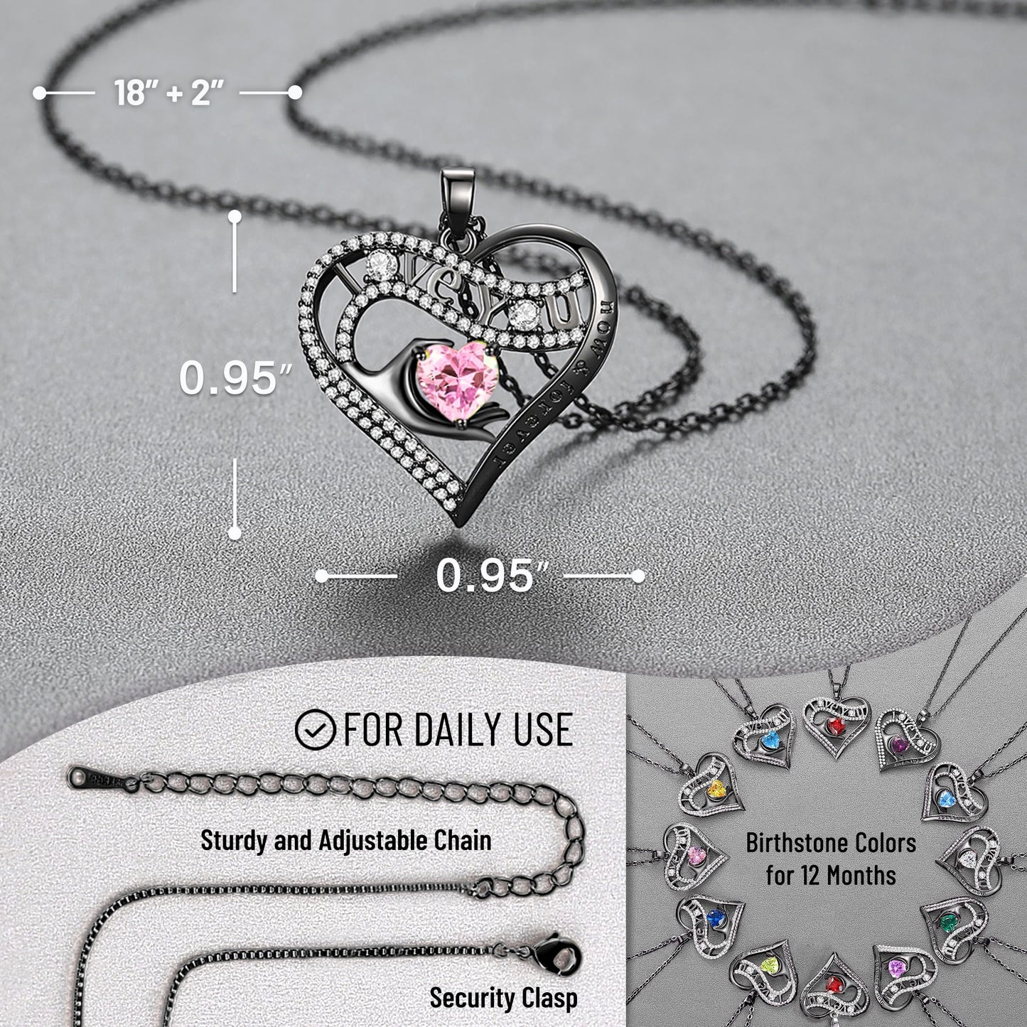 Leafael Gift Necklaces for Women, Heart in Hand I Love You Birthstone Crystal, Birthday Anniversary Jewelry for Wife Girlfriend Mom, Rose Gold and Gun Metal Plated , 18" + 2" Chain