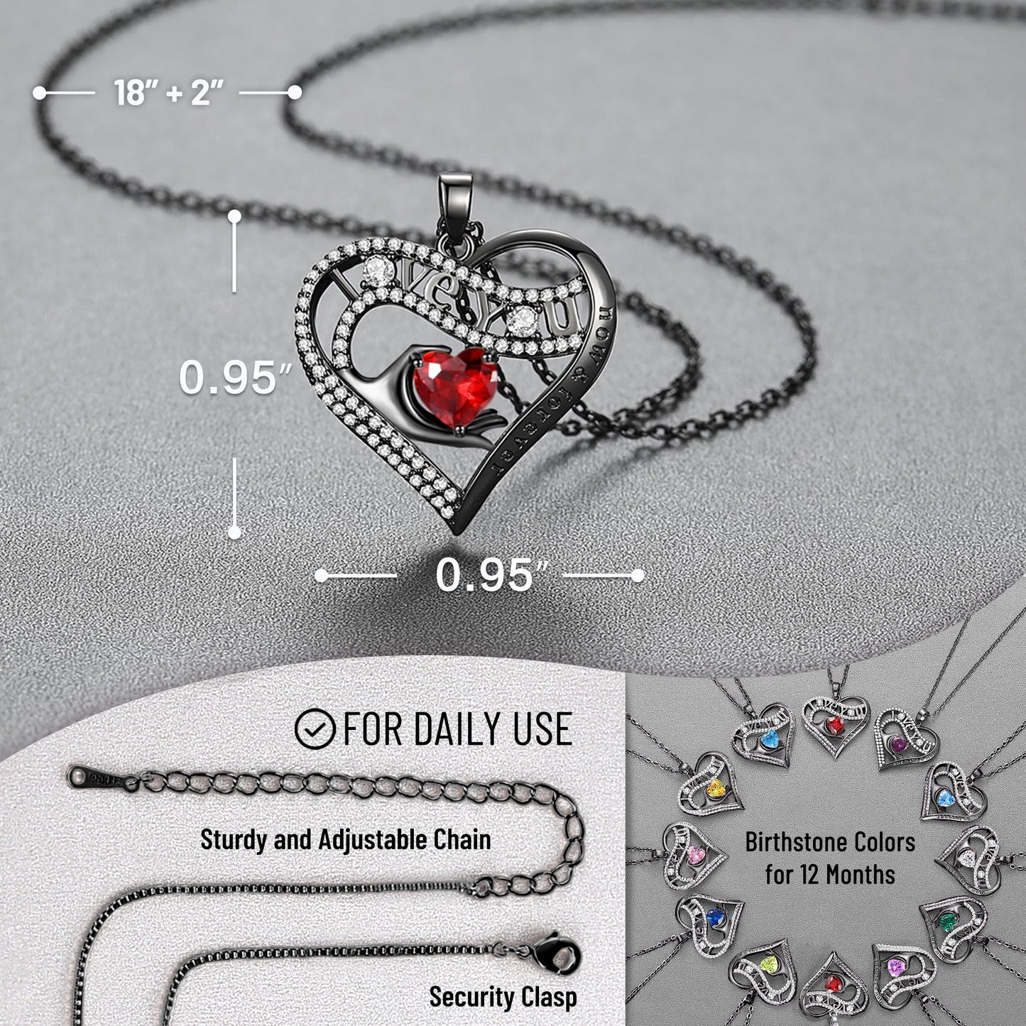 Leafael Gift Necklaces for Women, Heart in Hand I Love You Birthstone Crystal, Birthday Anniversary Jewelry for Wife Girlfriend Mom, Rose Gold and Gun Metal Plated , 18" + 2" Chain