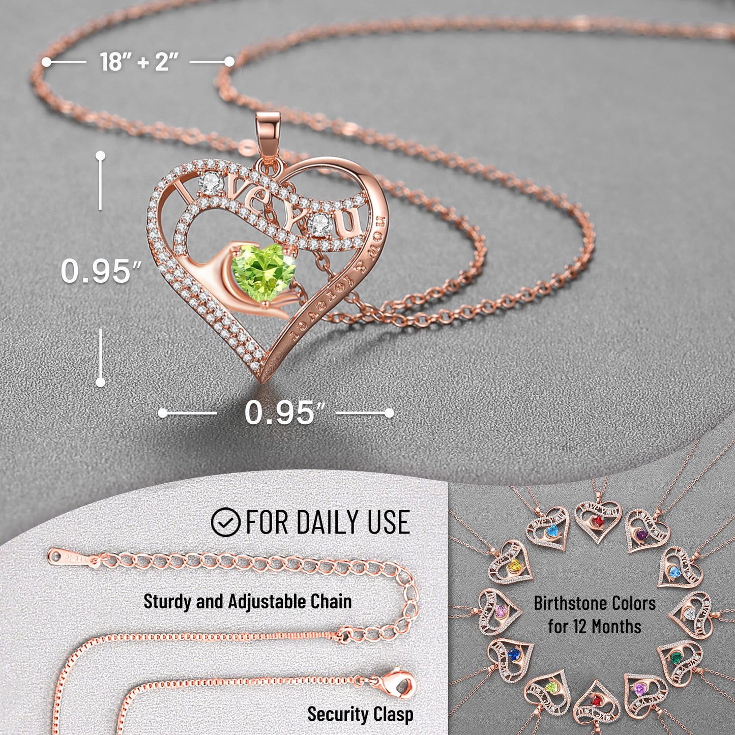 Leafael Gift Necklaces for Women, Heart in Hand I Love You Birthstone Crystal, Birthday Anniversary Jewelry for Wife Girlfriend Mom, Rose Gold and Gun Metal Plated , 18" + 2" Chain