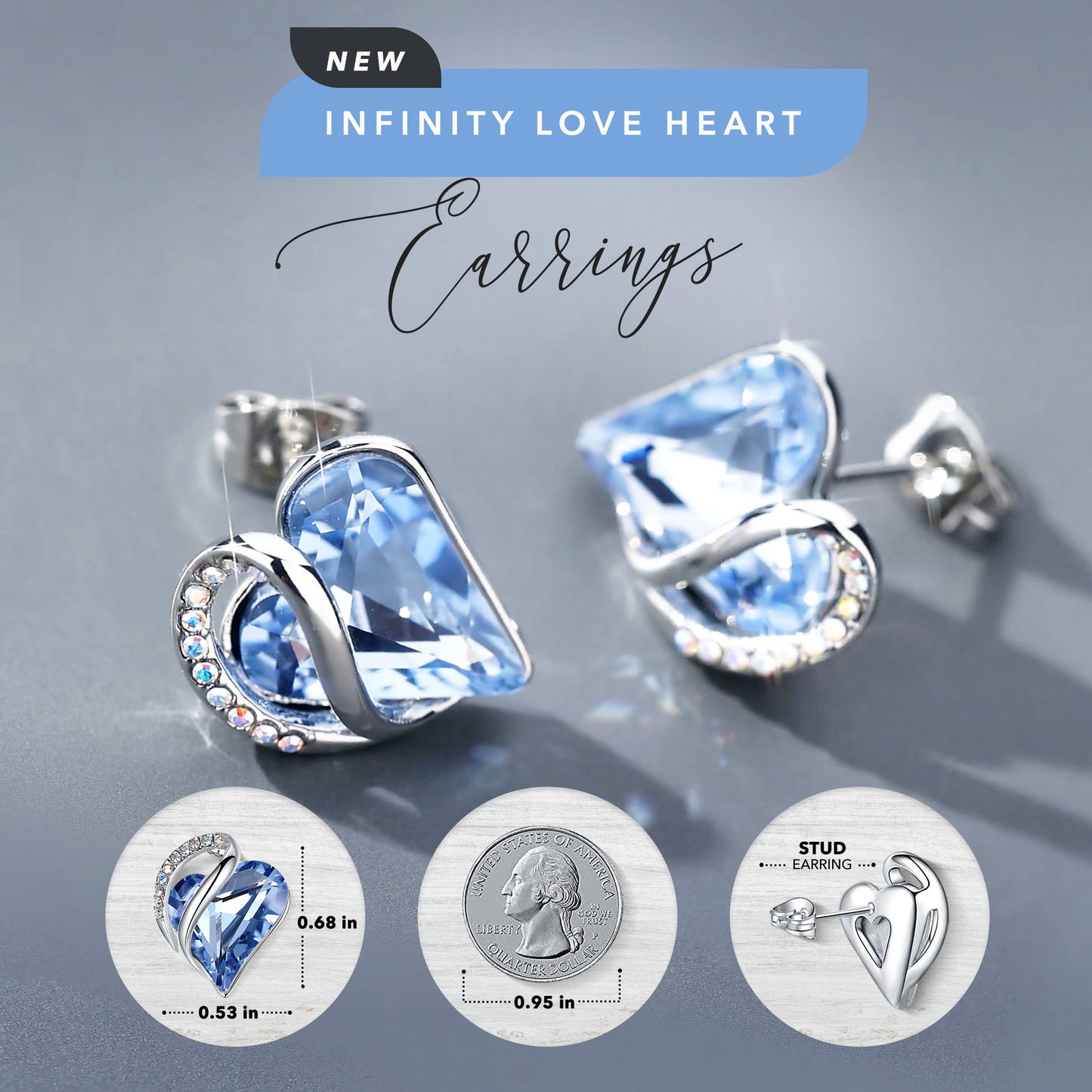 Leafael Infinity Love Heart Stud Earrings with Birthstone Crystal Women's Gifts, Silver-tone