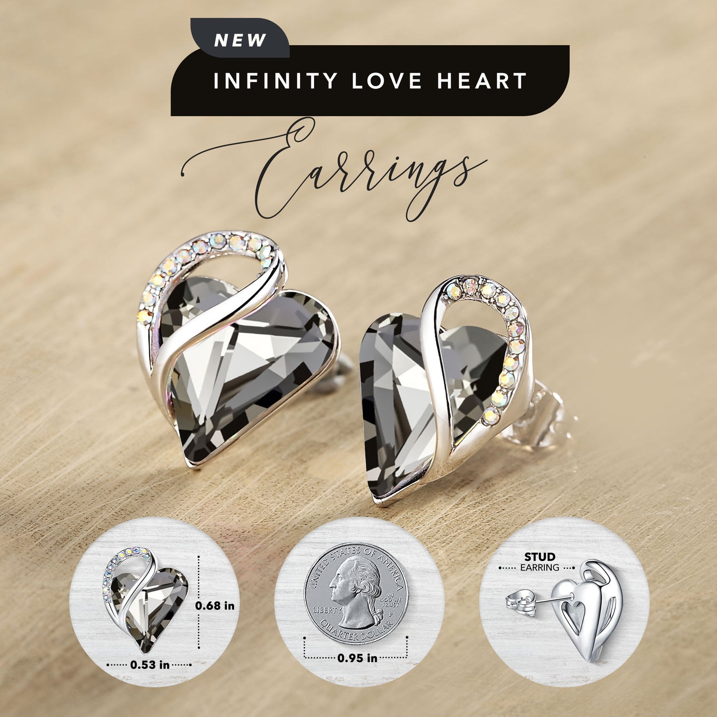 Leafael Infinity Love Heart Stud Earrings with Birthstone Crystal Women's Gifts, Silver-tone