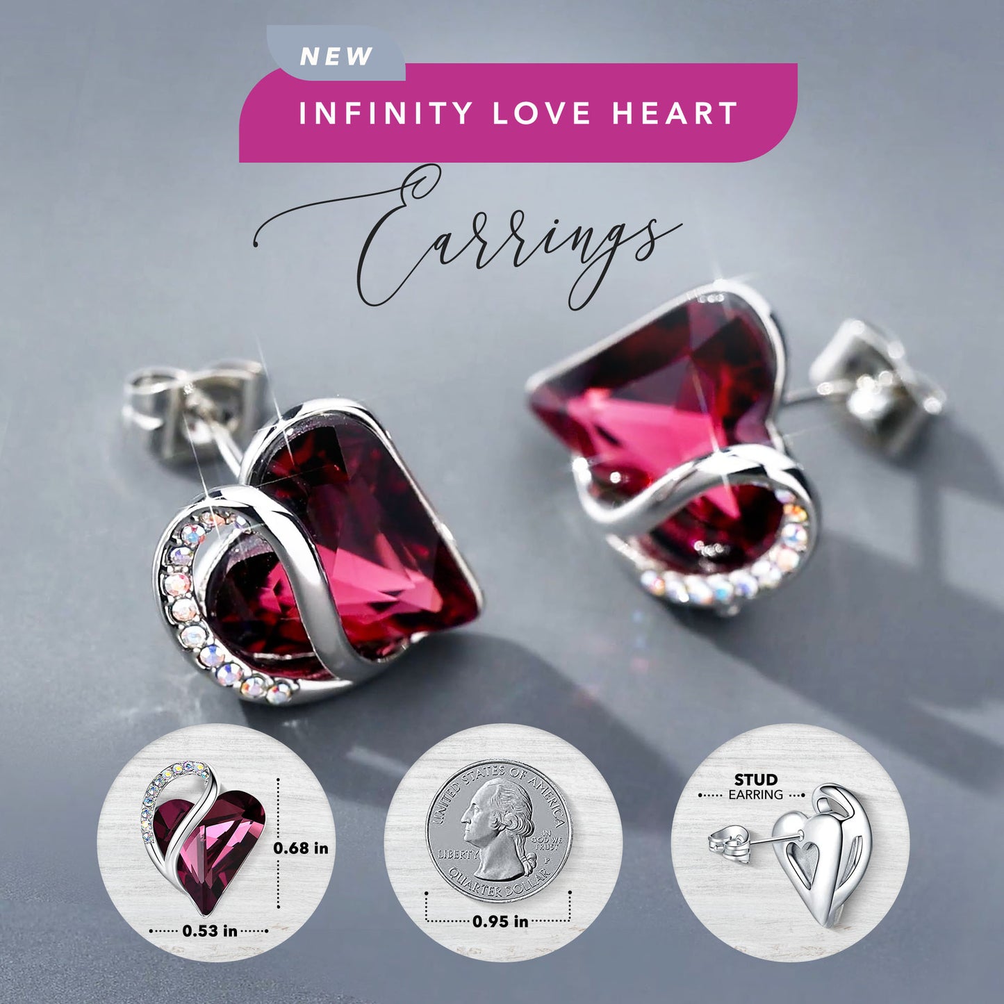 Leafael Infinity Love Heart Stud Earrings with Birthstone Crystal Women's Gifts, Silver-tone