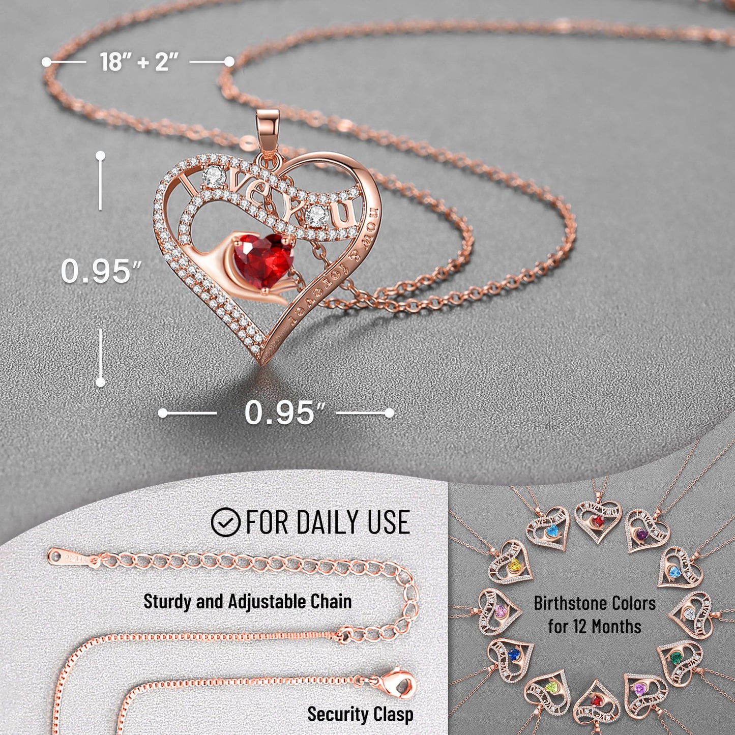 Leafael Gift Necklaces for Women, Heart in Hand I Love You Birthstone Crystal, Birthday Anniversary Jewelry for Wife Girlfriend Mom, Rose Gold and Gun Metal Plated , 18" + 2" Chain