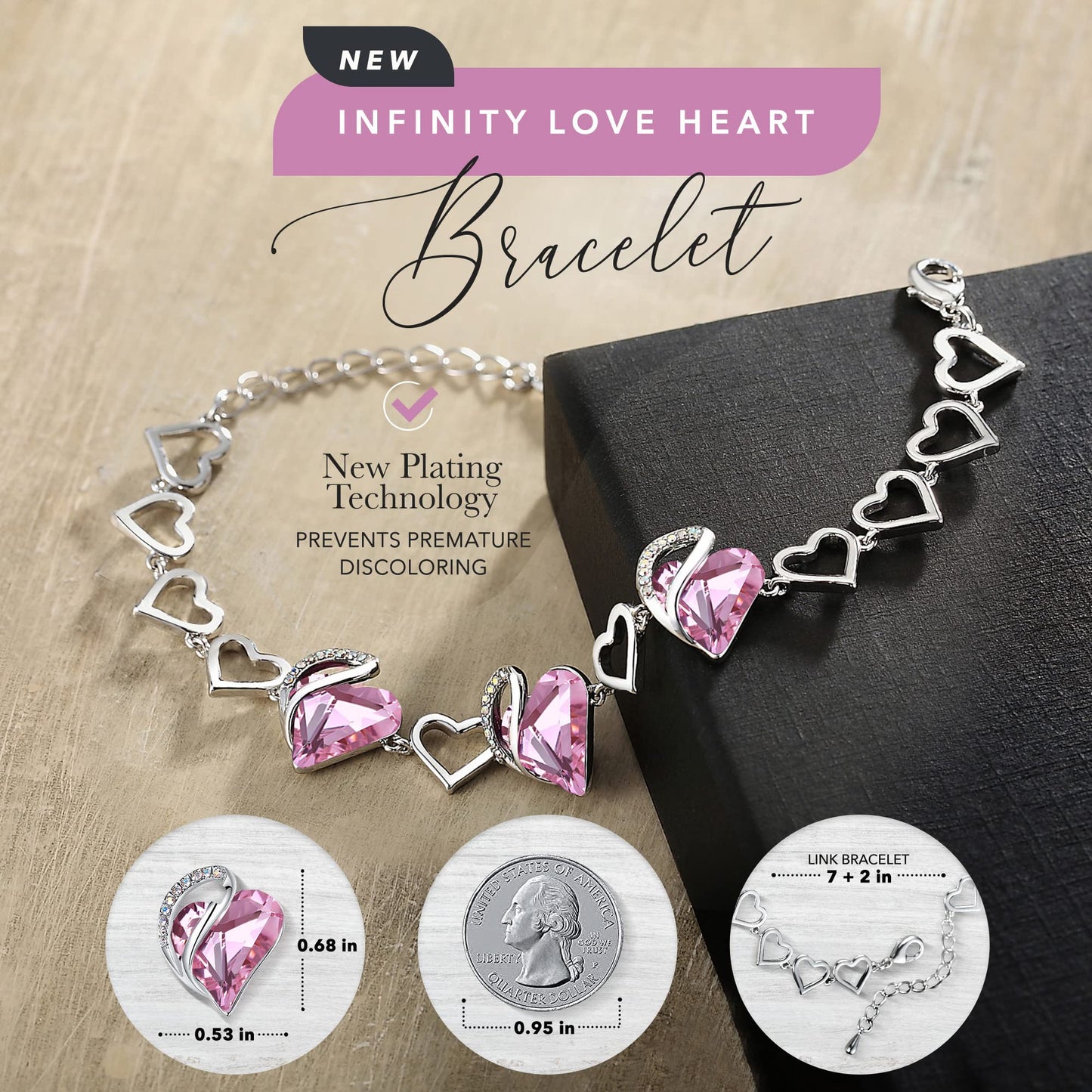 Leafael Infinity Love Heart Link Bracelet with Birthstone Crystal, Women's Gifts, Silver-Tone, 7" with 2" Extender