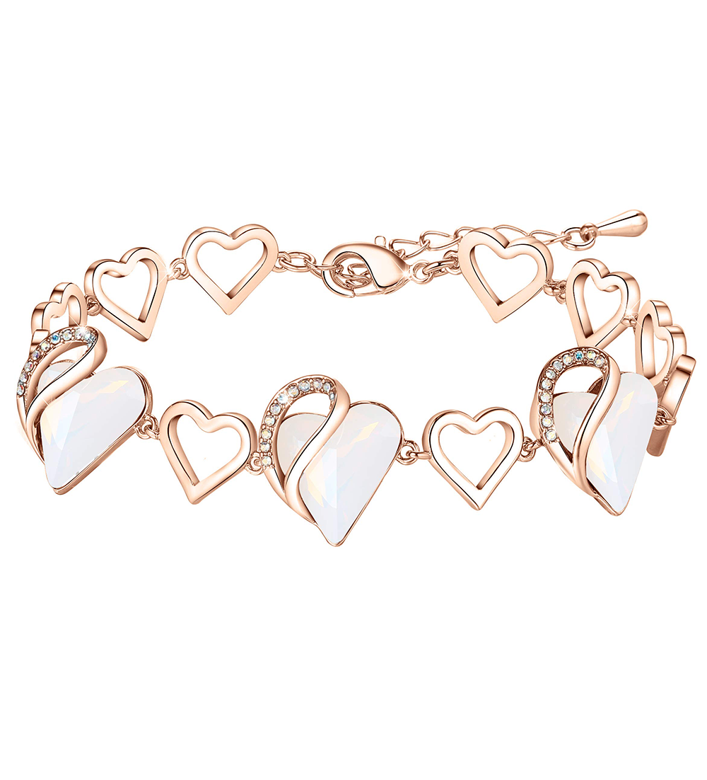 Leafael 18K Rose Gold Plated Love Heart Link Bracelet with Healing Stone Crystal Jewelry Gifts for Women, 7" Chain + 2" Extender