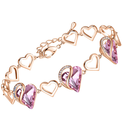 Leafael 18K Rose Gold Plated Love Heart Link Bracelet with Healing Stone Crystal Jewelry Gifts for Women, 7" Chain + 2" Extender