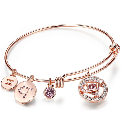 Leafael Superstar Zodiac Expandable Bangle Bracelet Made with Premium Crystals Horoscope Constellation October November Birthstone Topaz Brown Jewelry, Rose Gold Plated, 7"