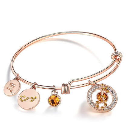 Leafael Superstar Zodiac Expandable Bangle Bracelet Made with Premium Crystals Horoscope Constellation October November Birthstone Topaz Brown Jewelry, Rose Gold Plated, 7"