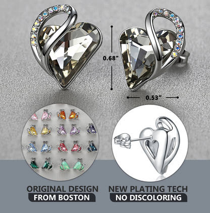 Leafael Infinity Love Heart Stud Earrings with Birthstone Crystal Women's Gifts, Silver-tone