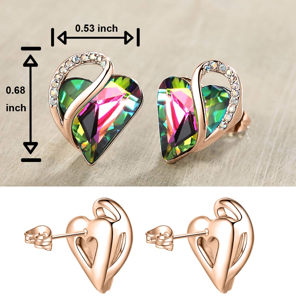 Leafael 18K Rose Gold Plated Love Heart Stud Earrings with Healing Stone Crystal Jewelry Gifts for Women