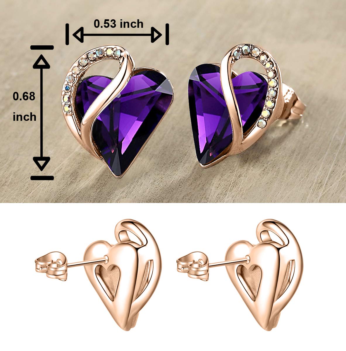 Leafael 18K Rose Gold Plated Love Heart Stud Earrings with Healing Stone Crystal Jewelry Gifts for Women