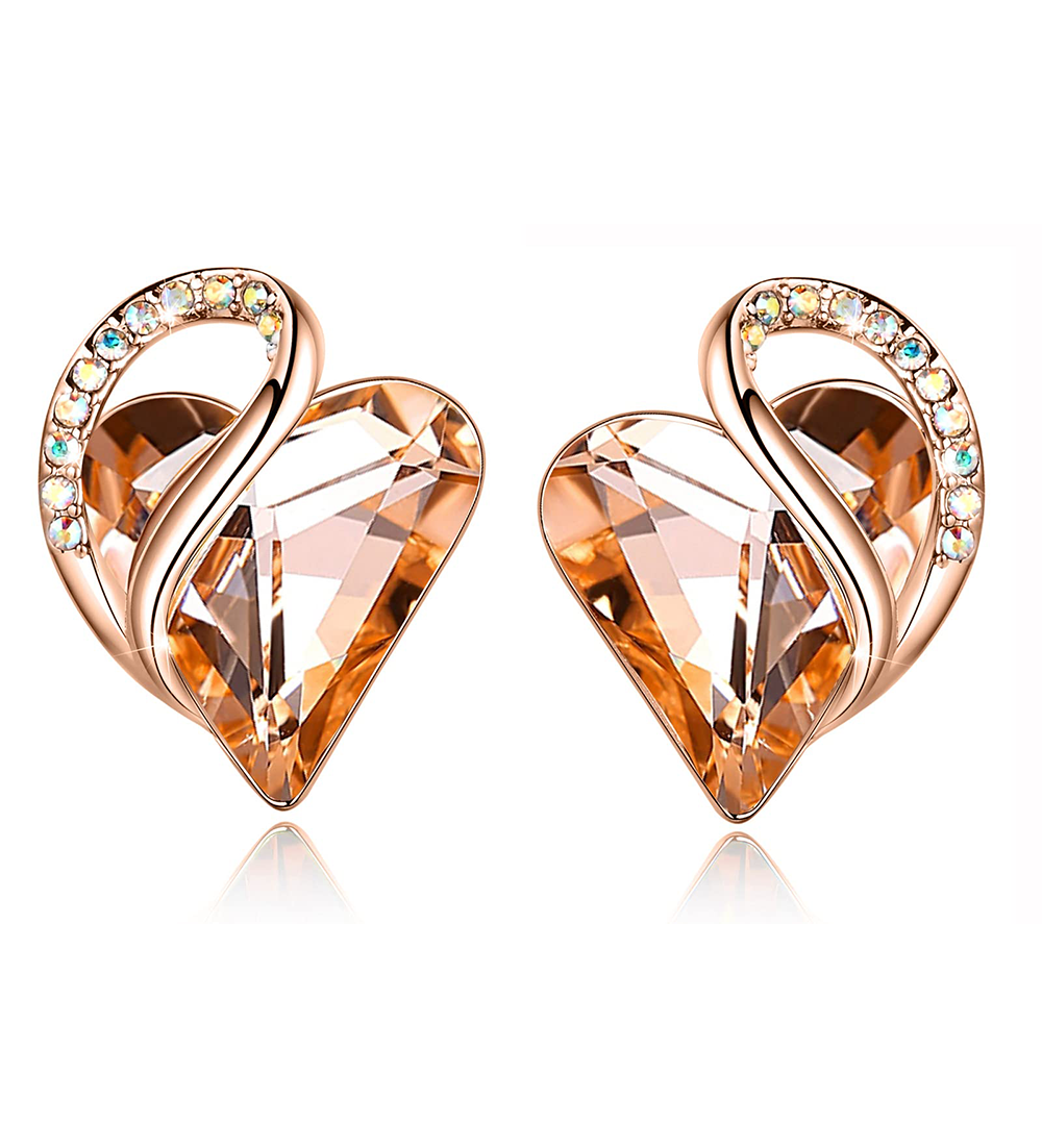 Leafael 18K Rose Gold Plated Love Heart Stud Earrings with Healing Stone Crystal Jewelry Gifts for Women