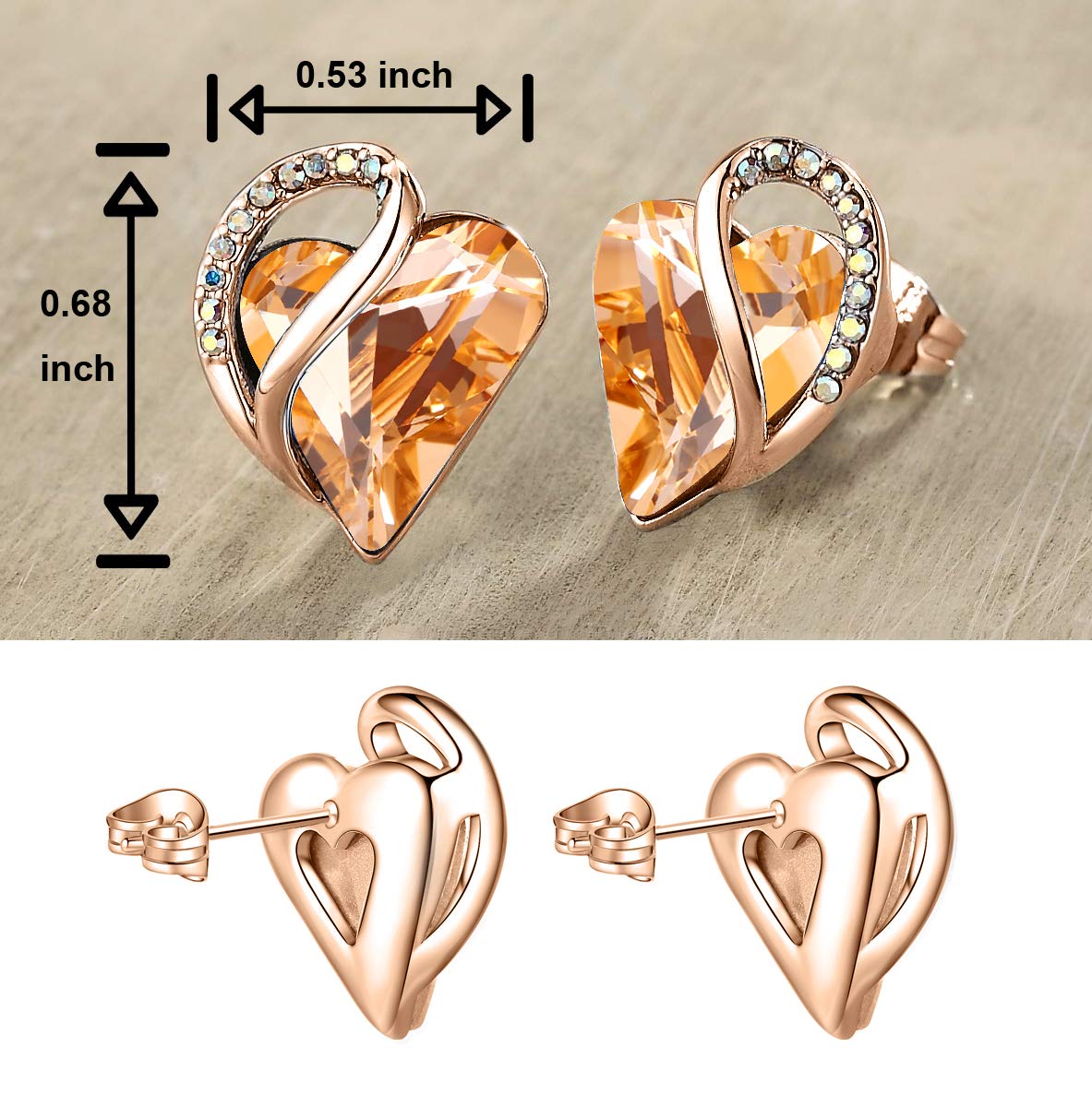 Leafael 18K Rose Gold Plated Love Heart Stud Earrings with Healing Stone Crystal Jewelry Gifts for Women