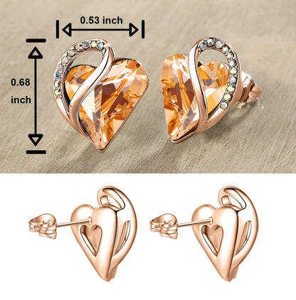 Leafael 18K Rose Gold Plated Love Heart Stud Earrings with Healing Stone Crystal Jewelry Gifts for Women