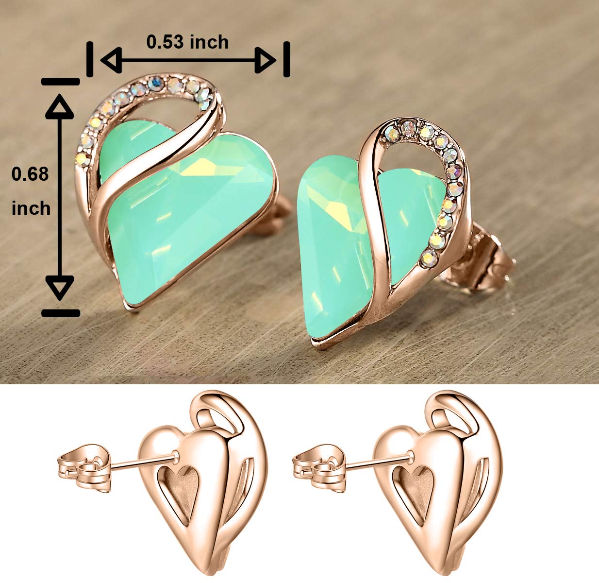 Leafael 18K Rose Gold Plated Love Heart Stud Earrings with Healing Stone Crystal Jewelry Gifts for Women