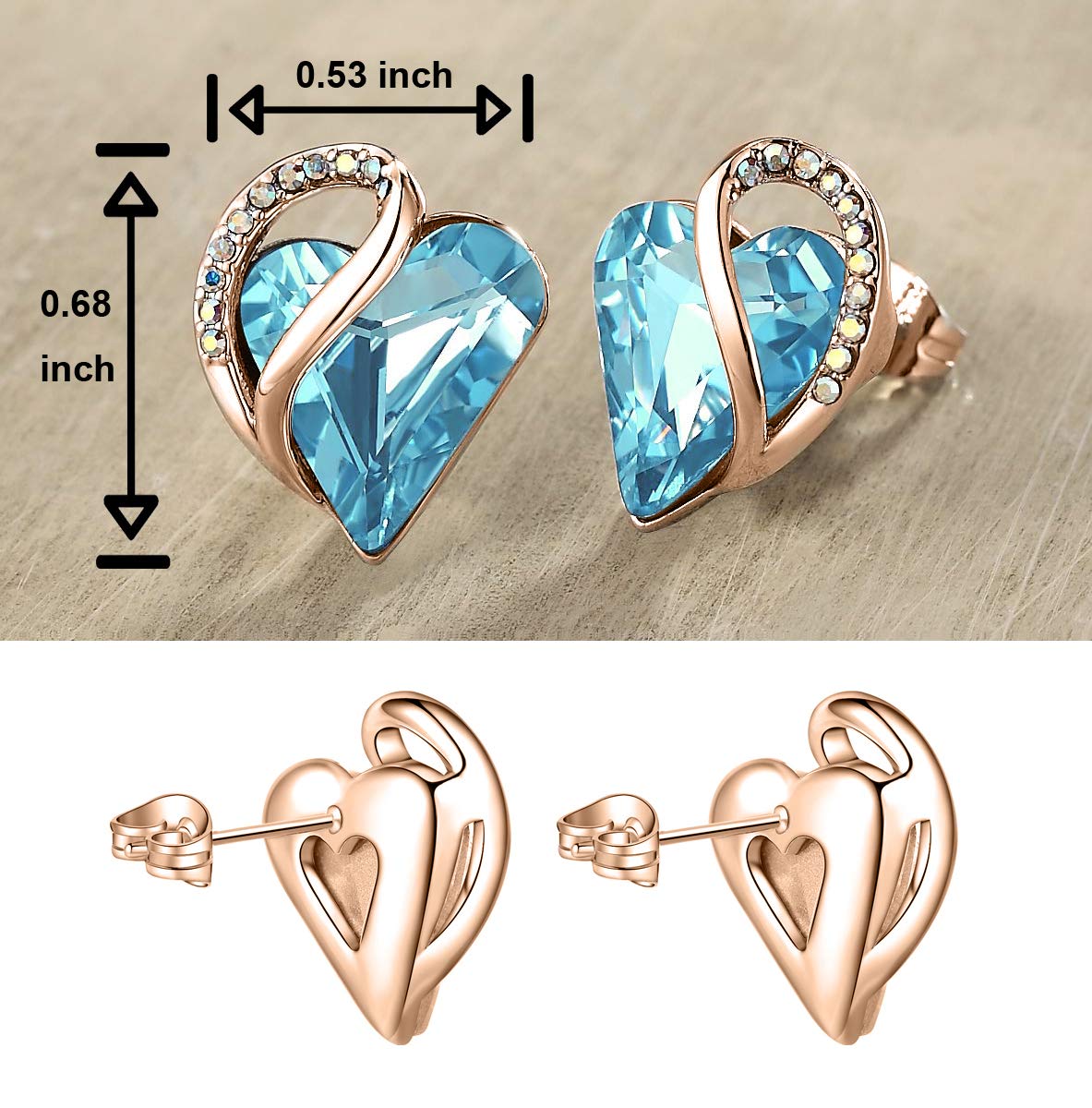 Leafael 18K Rose Gold Plated Love Heart Stud Earrings with Healing Stone Crystal Jewelry Gifts for Women