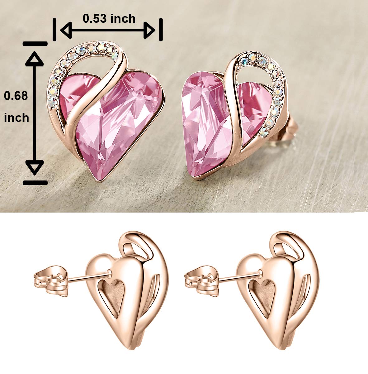 Leafael 18K Rose Gold Plated Love Heart Stud Earrings with Healing Stone Crystal Jewelry Gifts for Women