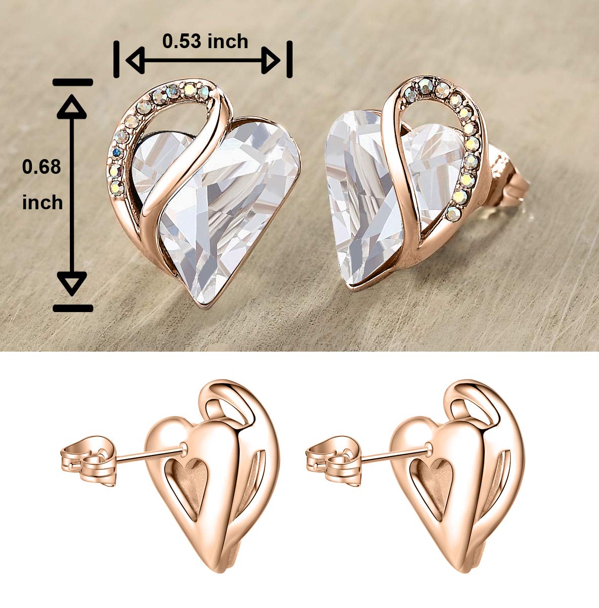 Leafael 18K Rose Gold Plated Love Heart Stud Earrings with Healing Stone Crystal Jewelry Gifts for Women