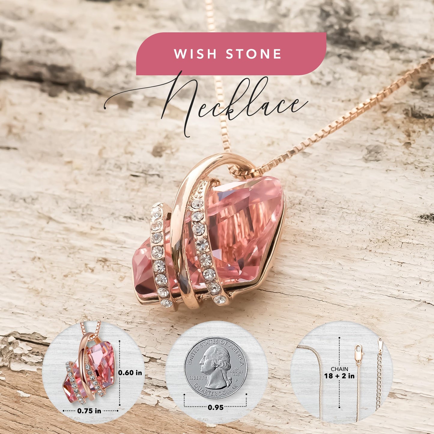 Leafael Wish Stone Pendant Necklace with Birthstone Crystal, 18K Rose Gold Plated/Silvertone, 18" + 2"