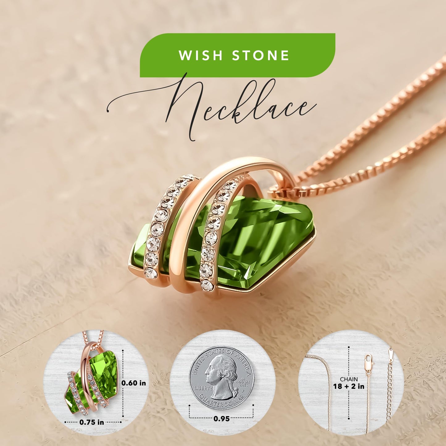 Leafael Wish Stone Pendant Necklace with Birthstone Crystal, 18K Rose Gold Plated/Silvertone, 18" + 2"