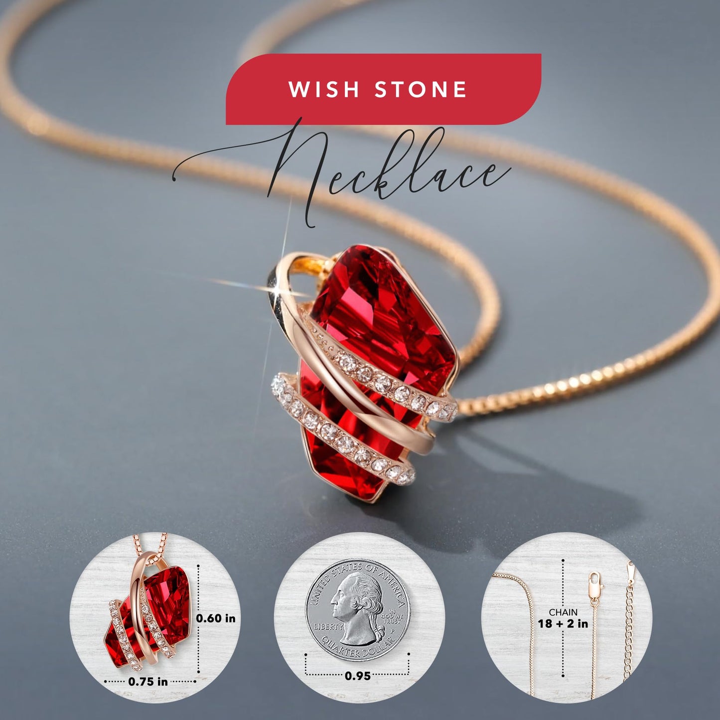 Leafael Wish Stone Pendant Necklace with Birthstone Crystal, 18K Rose Gold Plated/Silvertone, 18" + 2"