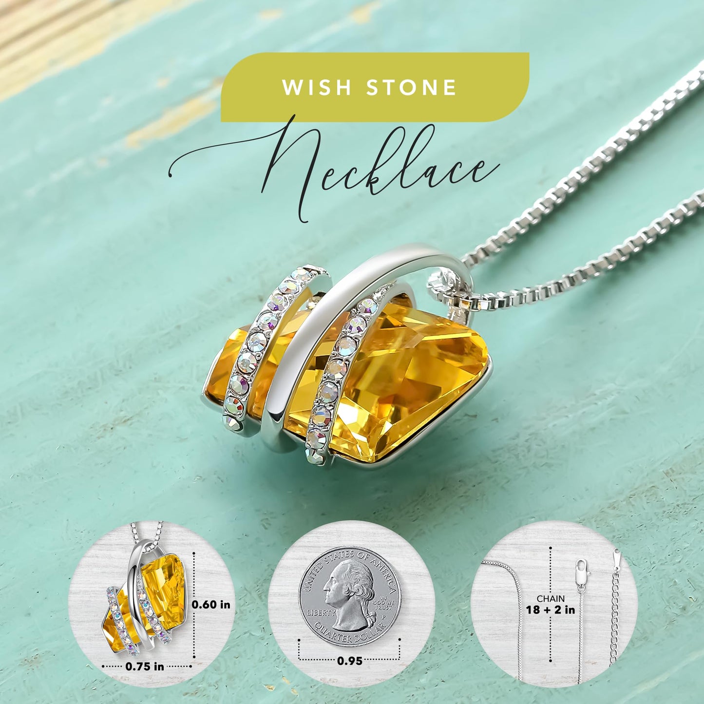 Leafael Wish Stone Pendant Necklace with Birthstone Crystal, 18K Rose Gold Plated/Silvertone, 18" + 2"