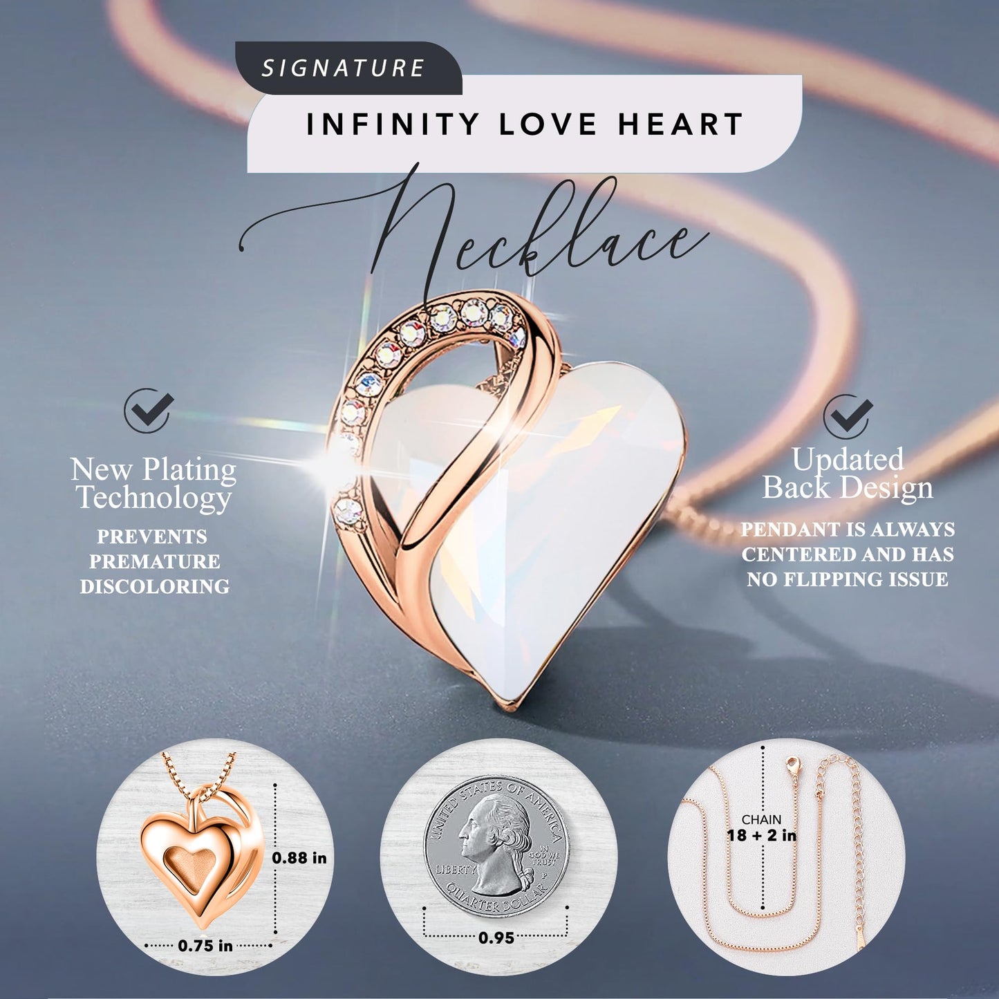 Leafael 18K Rose Gold Plated Love Heart Pendant Necklace with Healing Stone Crystal Jewelry Gifts for Women, 18"+2"