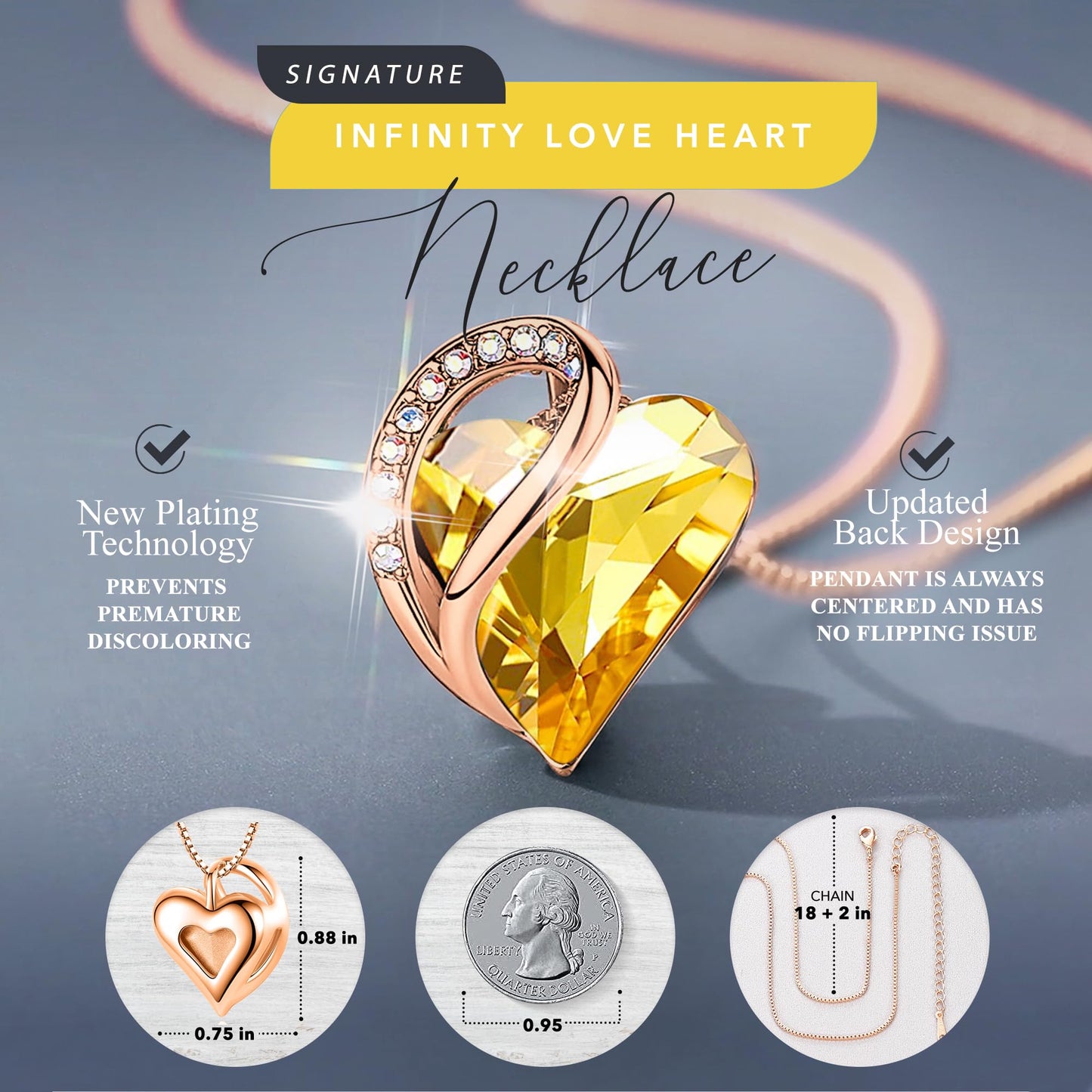 Leafael 18K Rose Gold Plated Love Heart Pendant Necklace with Healing Stone Crystal Jewelry Gifts for Women, 18"+2"