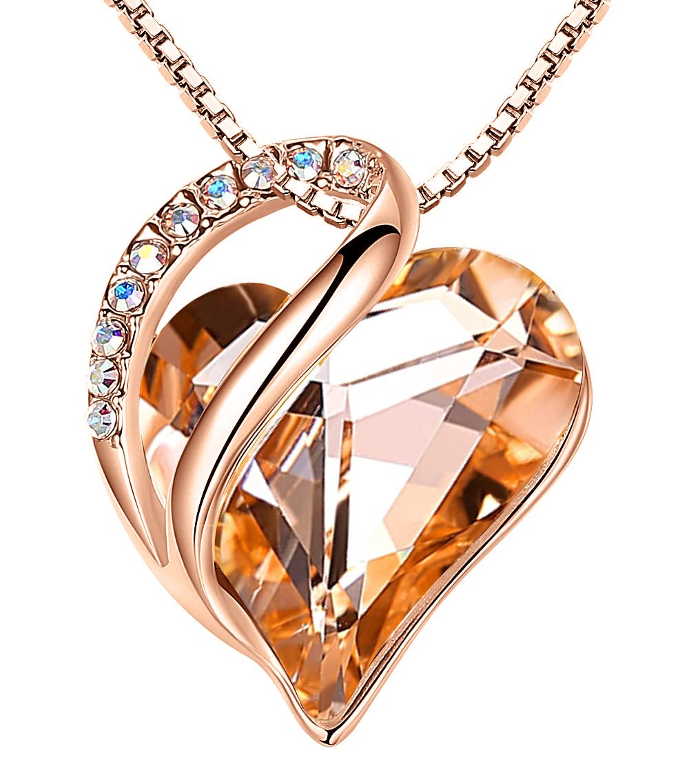 Leafael 18K Rose Gold Plated Love Heart Pendant Necklace with Healing Stone Crystal Jewelry Gifts for Women, 18"+2"