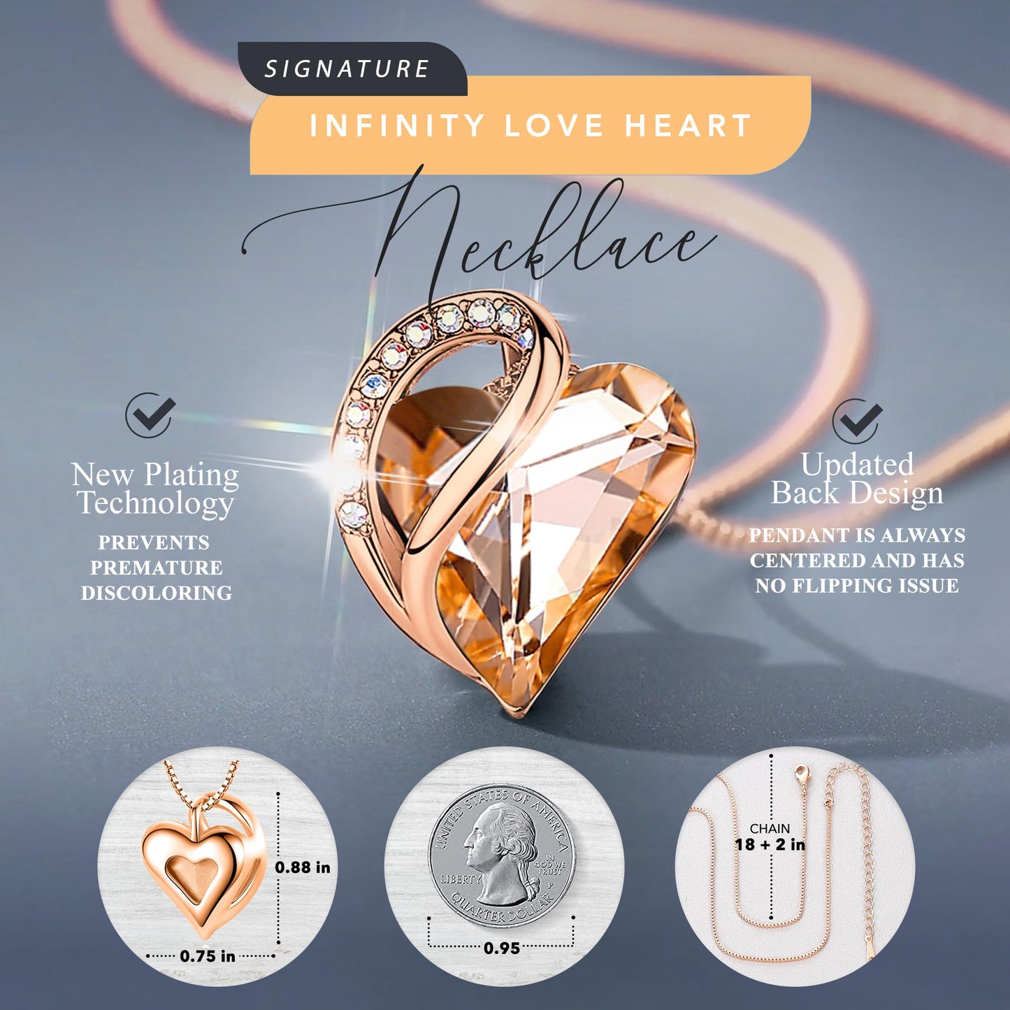 Leafael 18K Rose Gold Plated Love Heart Pendant Necklace with Healing Stone Crystal Jewelry Gifts for Women, 18"+2"