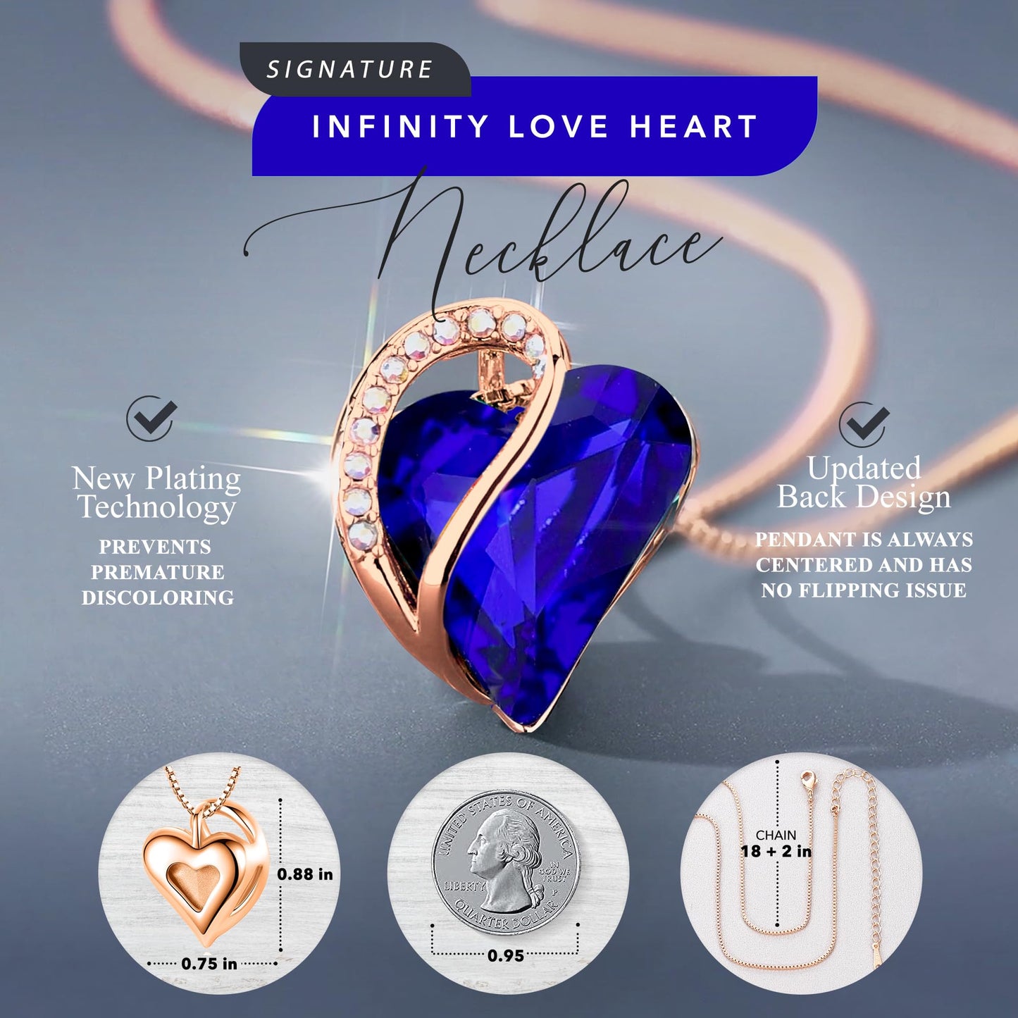 Leafael 18K Rose Gold Plated Love Heart Pendant Necklace with Healing Stone Crystal Jewelry Gifts for Women, 18"+2"