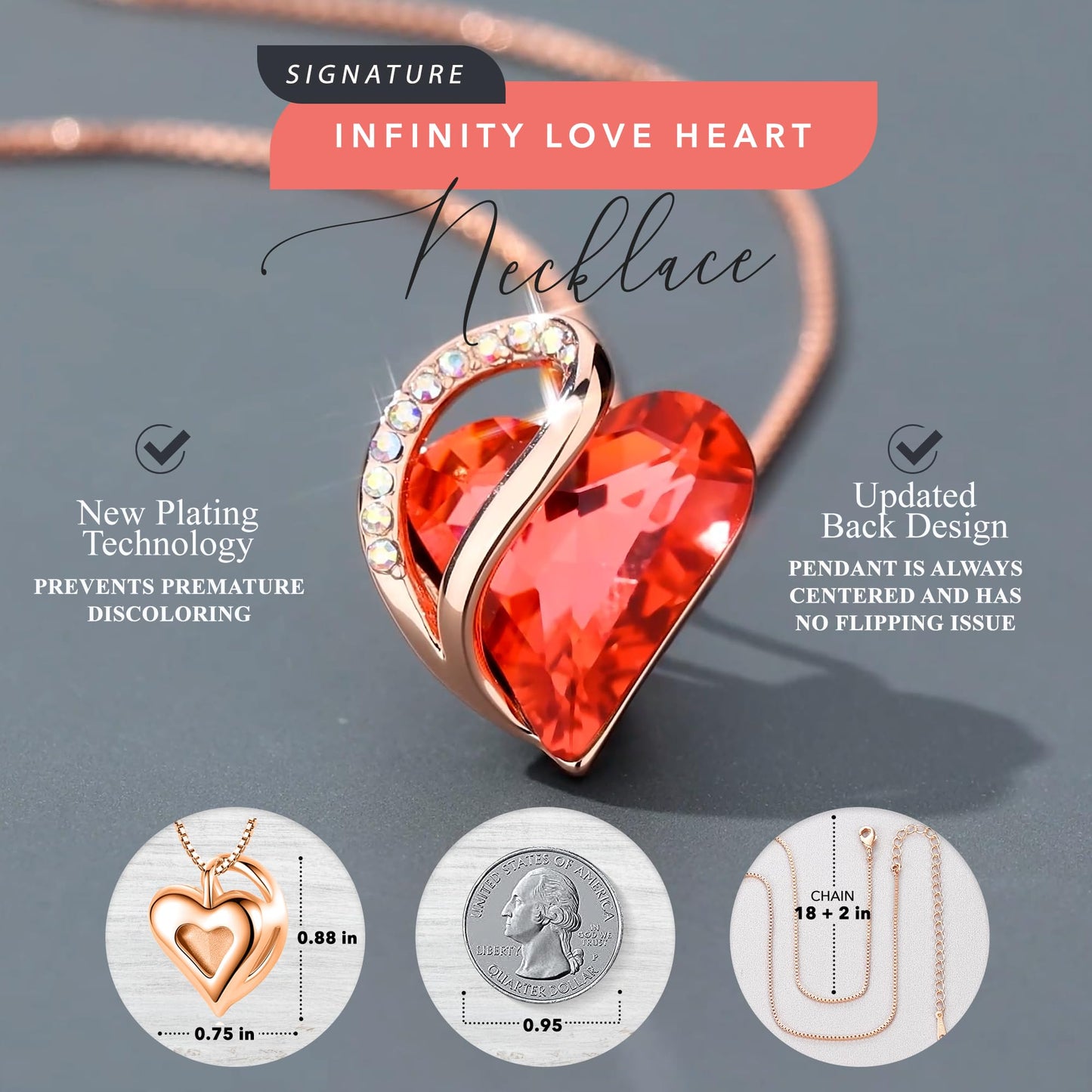 Leafael 18K Rose Gold Plated Love Heart Pendant Necklace with Healing Stone Crystal Jewelry Gifts for Women, 18"+2"