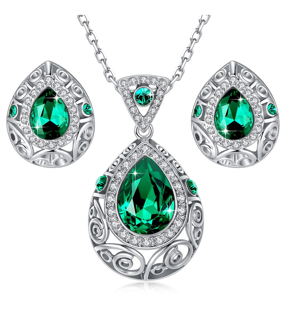 Leafael [Presented by Miss New York] Teardrop Filigree Vintage Style Jewelry Set Earrings Pendant Necklace Made with Premium Crystals, Silver-Tone, 18" + 2", Nickel/Lead Box