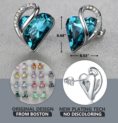 Leafael Infinity Love Heart Stud Earrings with Birthstone Crystal Women's Gifts, Silver-tone