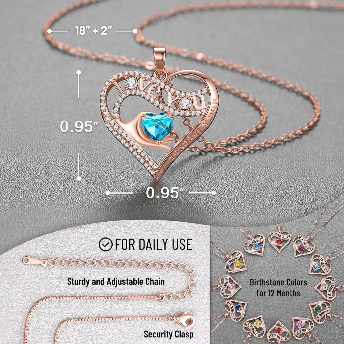 Leafael Gift Necklaces for Women, Heart in Hand I Love You Birthstone Crystal, Birthday Anniversary Jewelry for Wife Girlfriend Mom, Rose Gold and Gun Metal Plated , 18" + 2" Chain
